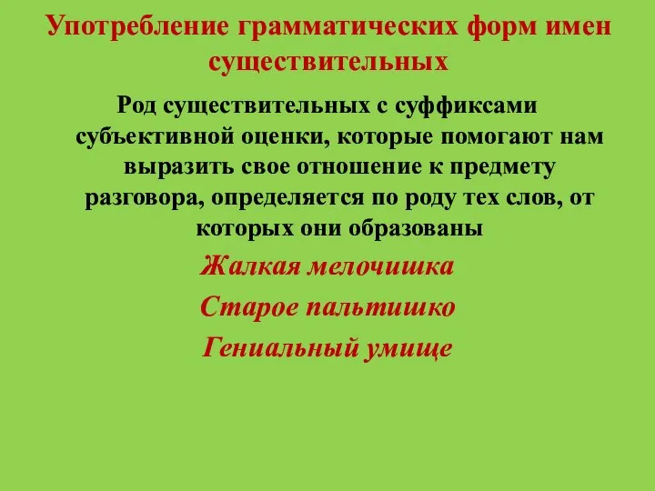 Употребление грамматических форм имен существительных Род существительных с суффиксами субъективной оценки,