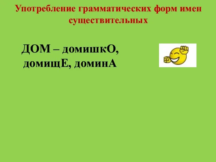 Употребление грамматических форм имен существительных ДОМ – домишкО, домищЕ, доминА