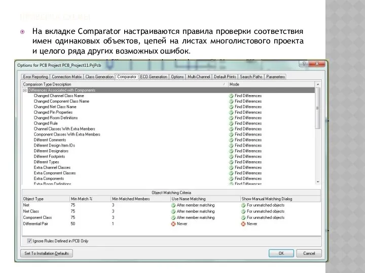 ПРОВЕРКА СХЕМЫ На вкладке Comparator настраиваются правила проверки соответствия имен одинаковых