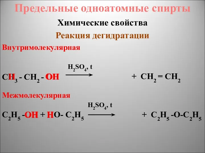 Предельные одноатомные cпирты Химические свойства Реакция дегидратации Внутримолекулярная H2SO4, t СН3