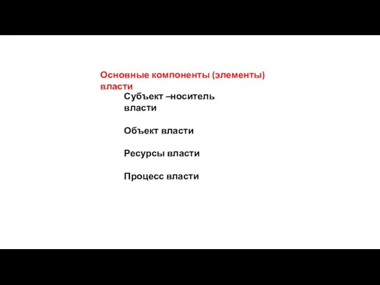 Субъект –носитель власти Объект власти Ресурсы власти Процесс власти Основные компоненты (элементы) власти