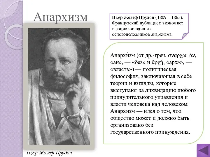 Пьер Жозеф Прудон Пьер Жозеф Прудон (1809—1865). Французский публицист, экономист и