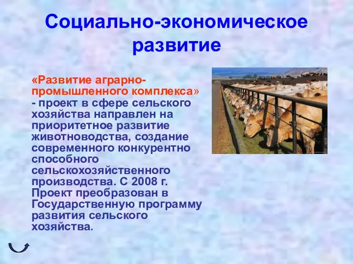 Социально-экономическое развитие «Развитие аграрно-промышленного комплекса» - проект в сфере сельского хозяйства