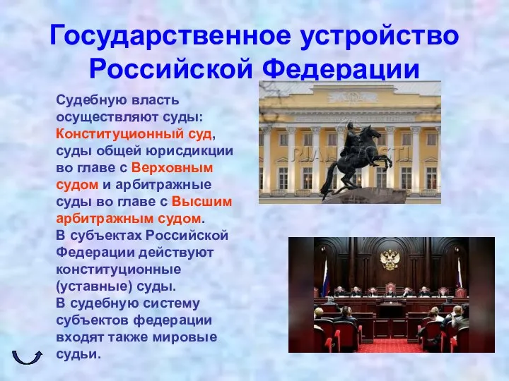 Государственное устройство Российской Федерации Судебную власть осуществляют суды: Конституционный суд, суды