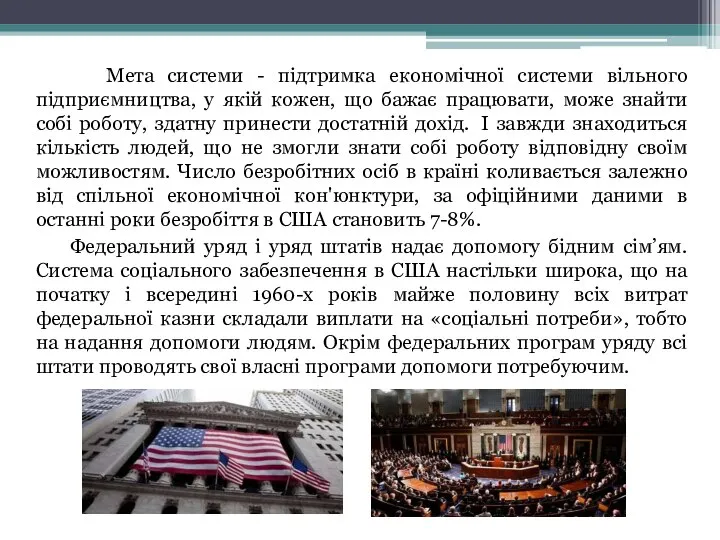 Мета системи - підтримка економічної системи вільного підприємництва, у якій кожен,