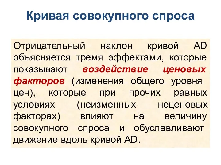 Кривая совокупного спроса Отрицательный наклон кривой AD объясняется тремя эффектами, которые