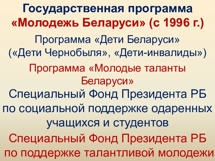 Программа «Дети Беларуси» («Дети Чернобыля», «Дети-инвалиды») Программа «Молодые таланты Беларуси» Специальный