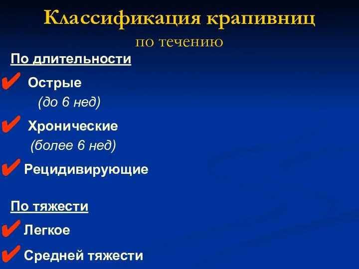 Классификация крапивниц по течению По длительности Острые (до 6 нед) Хронические