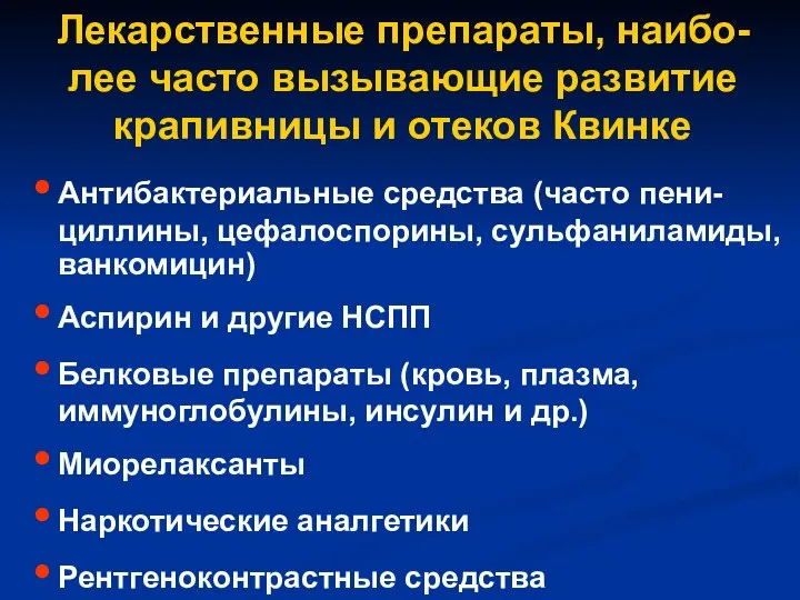 Лекарственные препараты, наибо-лее часто вызывающие развитие крапивницы и отеков Квинке Антибактериальные