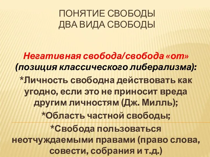 ПОНЯТИЕ СВОБОДЫ ДВА ВИДА СВОБОДЫ Негативная свобода/свобода «от» (позиция классического либерализма):