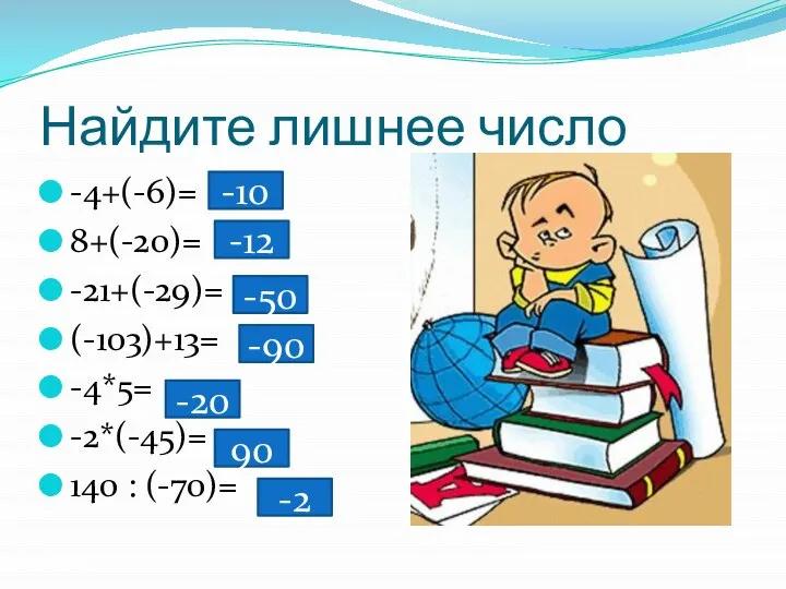 Найдите лишнее число -4+(-6)= 8+(-20)= -21+(-29)= (-103)+13= -4*5= -2*(-45)= 140 :