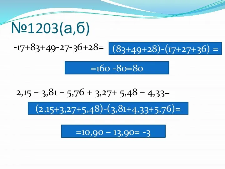 №1203(а,б) -17+83+49-27-36+28= (83+49+28)-(17+27+36) = =160 -80=80 2,15 – 3,81 – 5,76