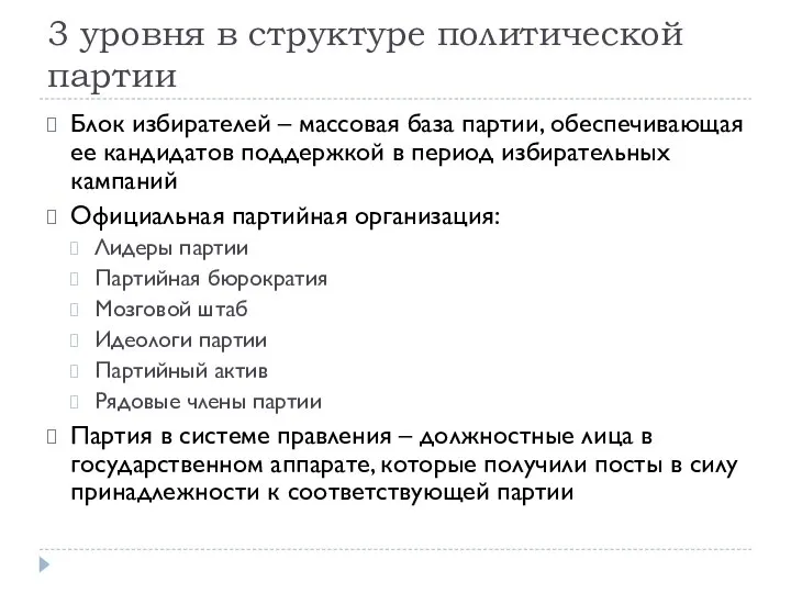 3 уровня в структуре политической партии Блок избирателей – массовая база