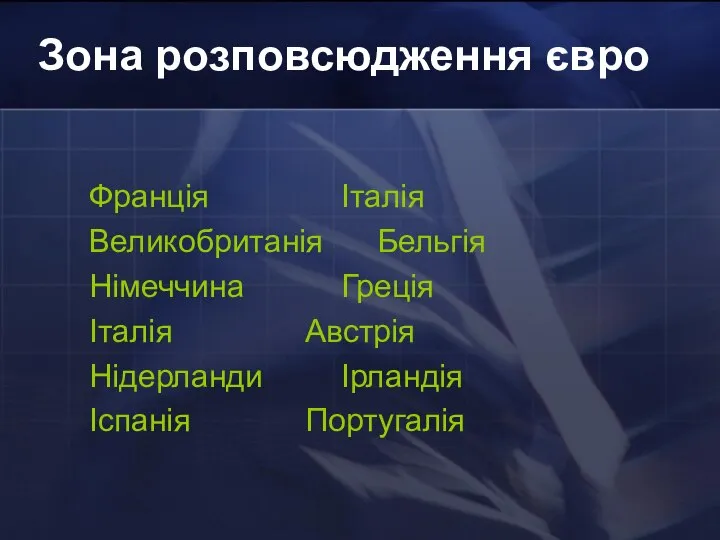 Зона розповсюдження євро Франція Італія Великобританія Бельгія Німеччина Греція Італія Австрія Нідерланди Ірландія Іспанія Португалія