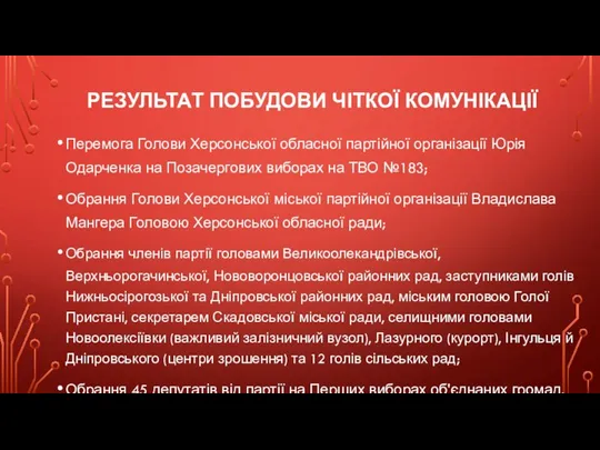 РЕЗУЛЬТАТ ПОБУДОВИ ЧІТКОЇ КОМУНІКАЦІЇ Перемога Голови Херсонської обласної партійної організації Юрія