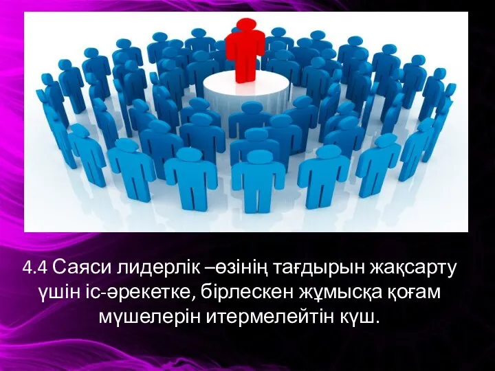 4.4 Саяси лидерлік –өзінің тағдырын жақсарту үшін іс-әрекетке, бірлескен жұмысқа қоғам мүшелерін итермелейтін күш.