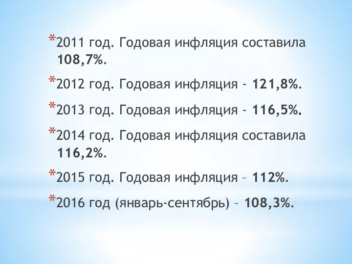 2011 год. Годовая инфляция составила 108,7%. 2012 год. Годовая инфляция -