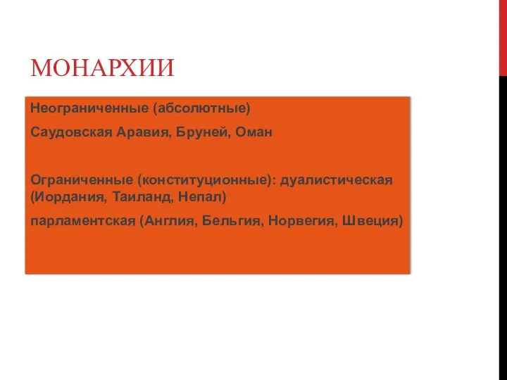 Неограниченные (абсолютные) Саудовская Аравия, Бруней, Оман Ограниченные (конституционные): дуалистическая (Иордания, Таиланд,