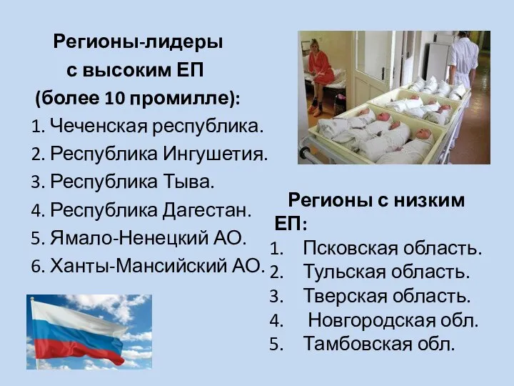 Регионы-лидеры с высоким ЕП (более 10 промилле): 1. Чеченская республика. 2.