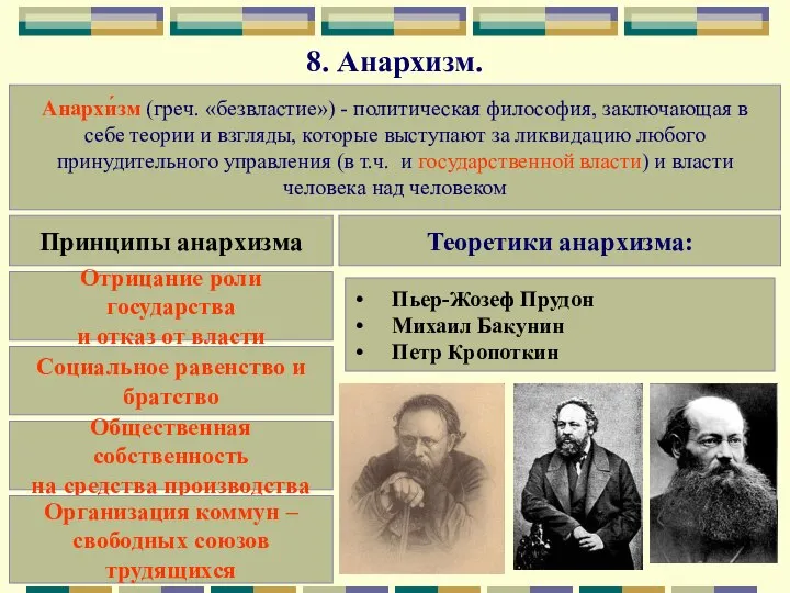 8. Анархизм. Анархи́зм (греч. «безвластие») - политическая философия, заключающая в себе