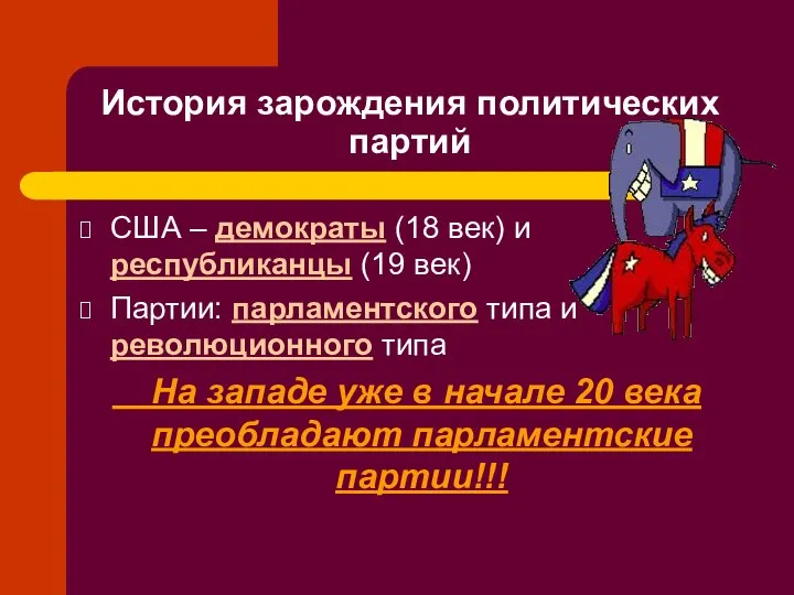 История зарождения политических партий США – демократы (18 век) и республиканцы