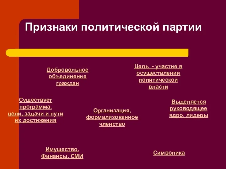 Признаки политической партии Добровольное объединение граждан Существует программа, цели, задачи и