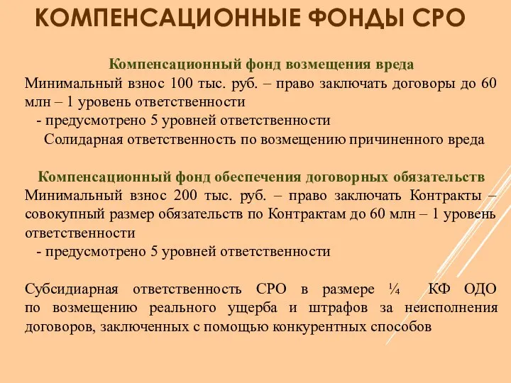 КОМПЕНСАЦИОННЫЕ ФОНДЫ СРО Компенсационный фонд возмещения вреда Минимальный взнос 100 тыс.