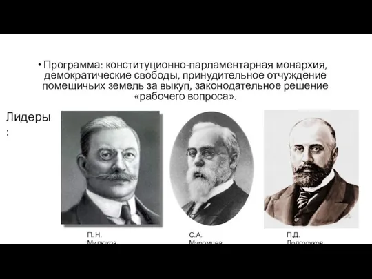 Программа: конституционно-парламентарная монархия, демократические свободы, принудительное отчуждение помещичьих земель за выкуп,