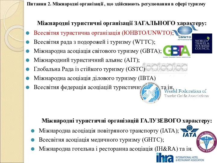 Міжнародні туристичні організацій ГАЛУЗЕВОГО характеру: Міжнародна асоціація повітряного транспорту (IATA); Всесвітня