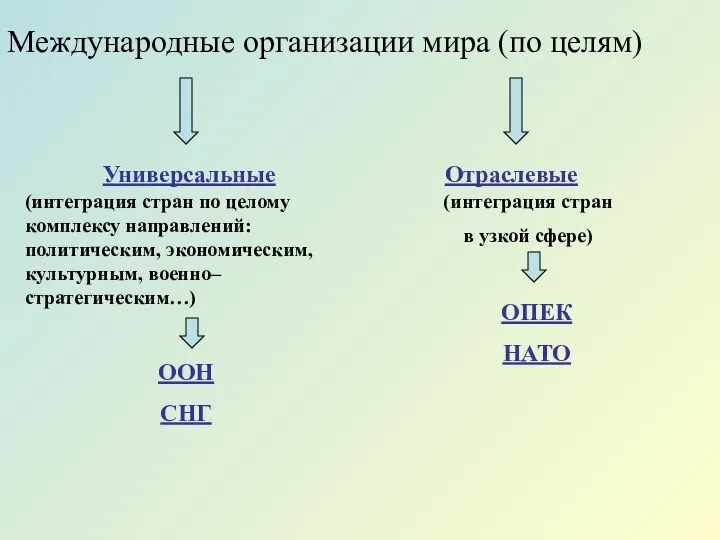 Универсальные Отраслевые (интеграция стран по целому комплексу направлений: политическим, экономическим, культурным,