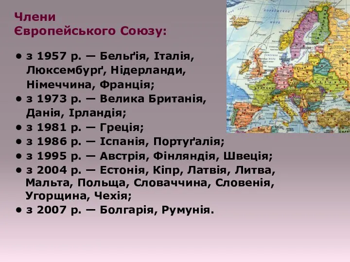 Члени Європейського Союзу: • з 1957 р. — Бельґія, Італія, Люксембурґ,