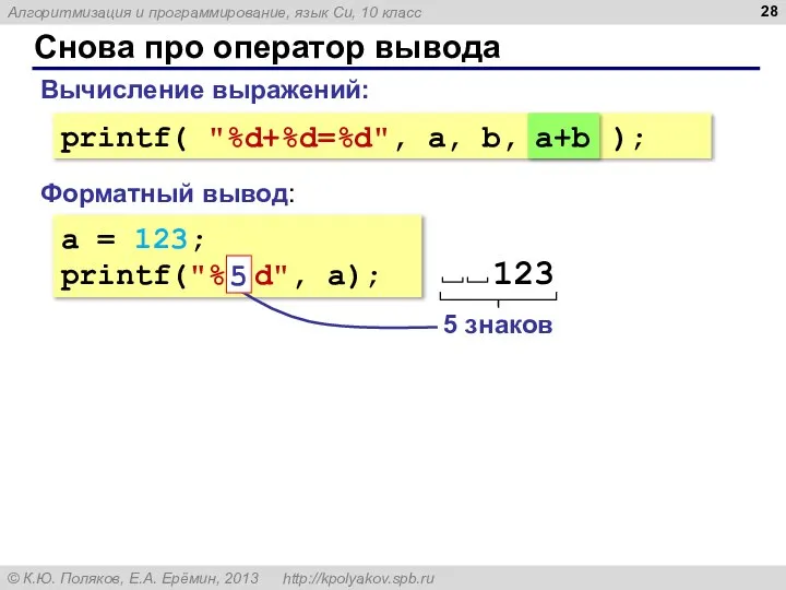 Снова про оператор вывода a = 123; printf("% 5 d", a);