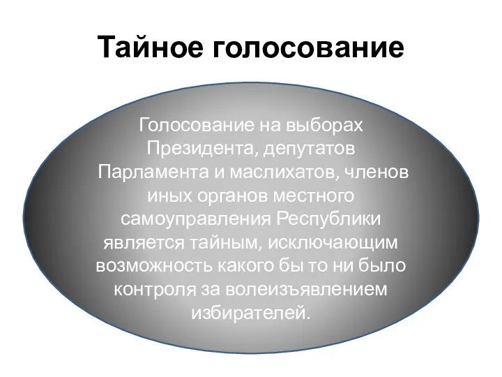 Тайное голосование Голосование на выборах Президента, депутатов Парламента и маслихатов, членов