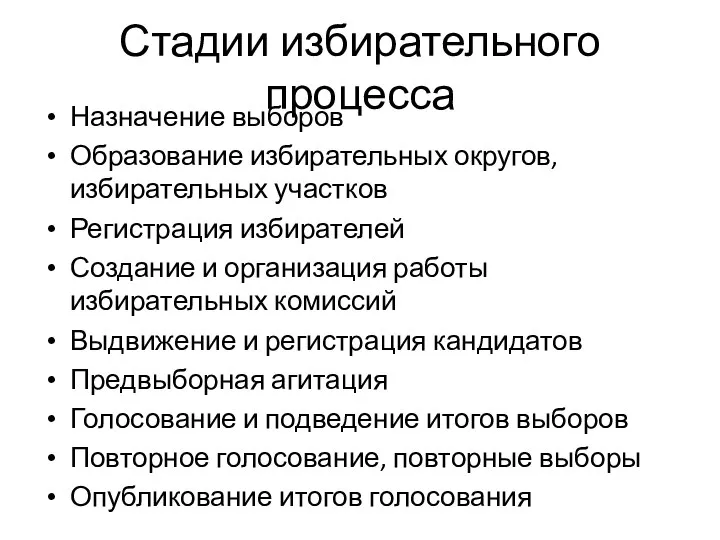 Стадии избирательного процесса Назначение выборов Образование избирательных округов, избирательных участков Регистрация