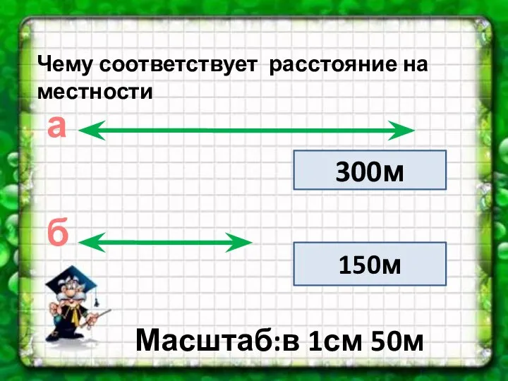 Чему соответствует расстояние на местности а 300м б 150м Масштаб:в 1см 50м