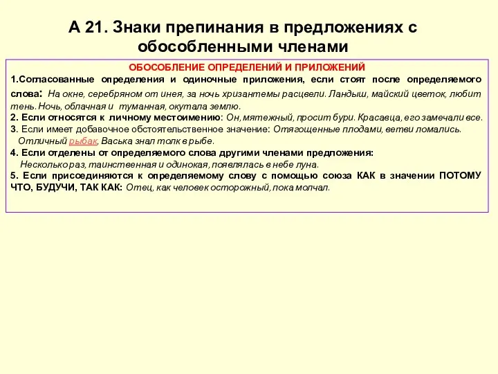 А 21. Знаки препинания в предложениях с обособленными членами ОБОСОБЛЕНИЕ ОПРЕДЕЛЕНИЙ