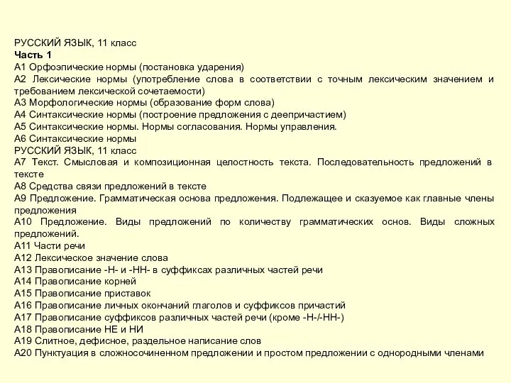 РУССКИЙ ЯЗЫК, 11 класс Часть 1 А1 Орфоэпические нормы (постановка ударения)