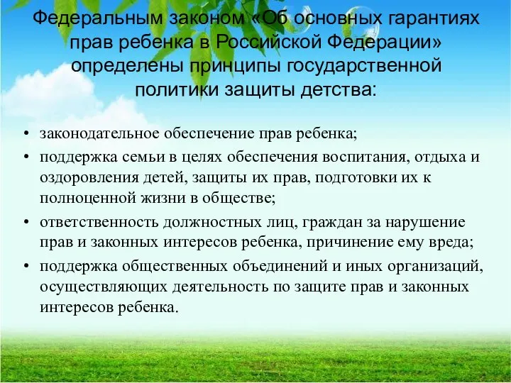 Федеральным законом «Об основных гарантиях прав ребенка в Российской Федерации» определены