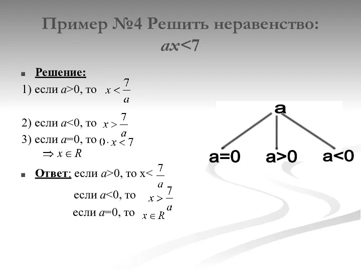 Пример №4 Решить неравенство: ах Решение: 1) если a>0, то 2)