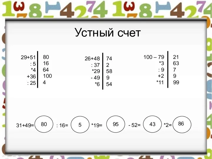 Устный счет 29+51 : 5 *4 +36 : 25 80 16