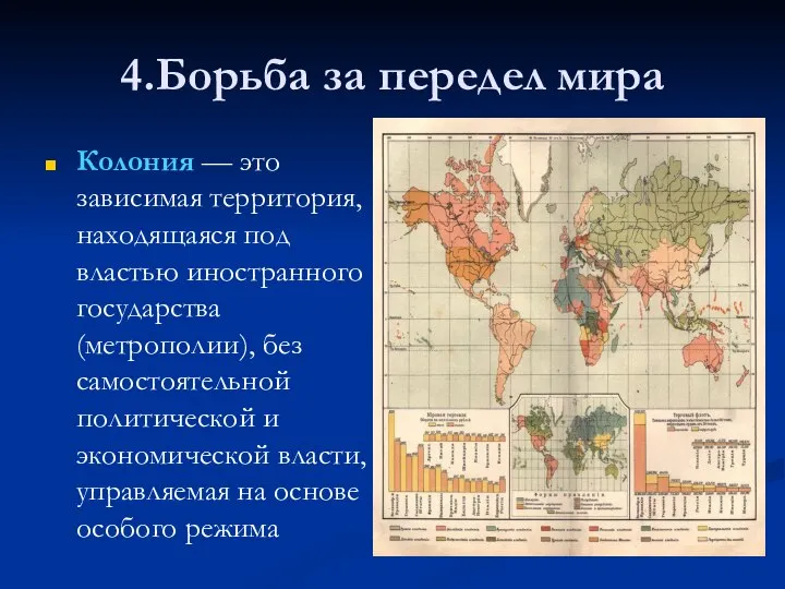 4.Борьба за передел мира Колония — это зависимая территория, находящаяся под