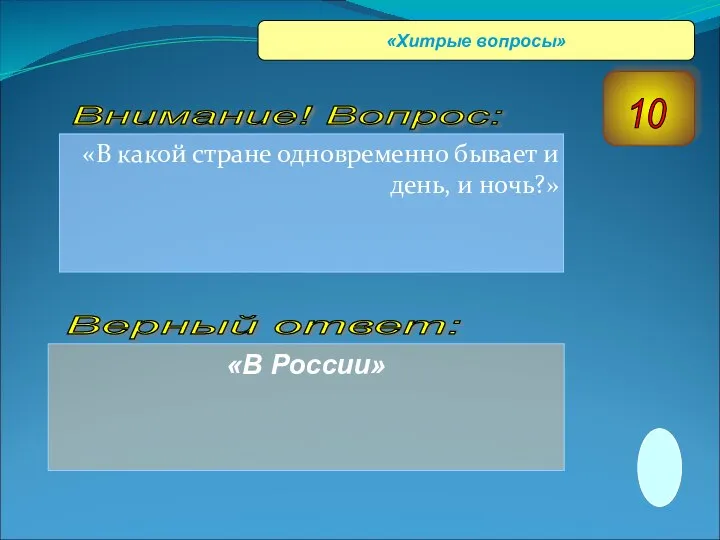 «В какой стране одновременно бывает и день, и ночь?» «В России»