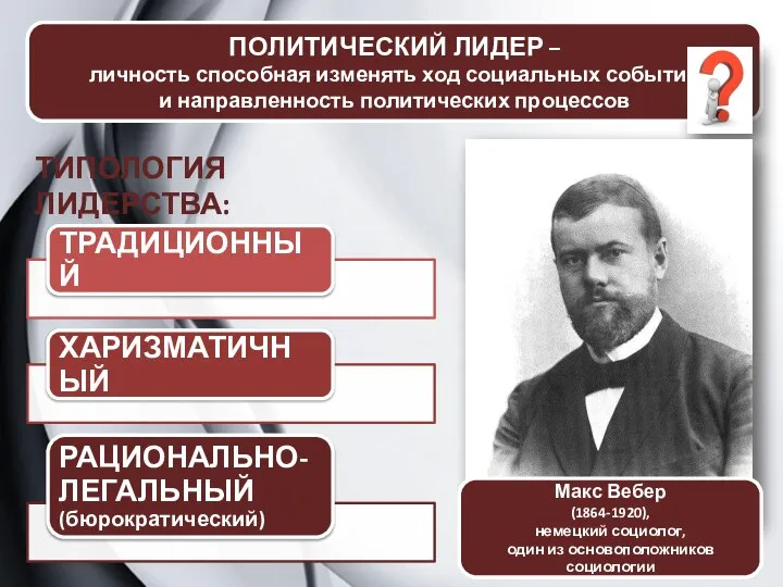 ПОЛИТИЧЕСКИЙ ЛИДЕР – ПОЛИТИЧЕСКИЙ ЛИДЕР – личность способная изменять ход социальных