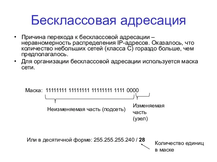 Бесклассовая адресация Причина перехода к бесклассовой адресации – неравномерность распределения IP-адресов.