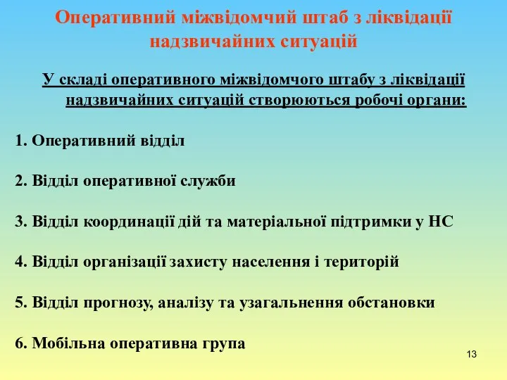 Оперативний міжвідомчий штаб з ліквідації надзвичайних ситуацій У складі оперативного міжвідомчого