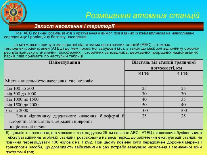 Розміщення атомних станцій Нові АЕС повинні розміщатися з урахуванням вимог, пов'язаних