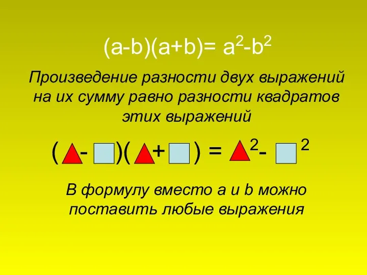 (a-b)(a+b)= a2-b2 Произведение разности двух выражений на их сумму равно разности