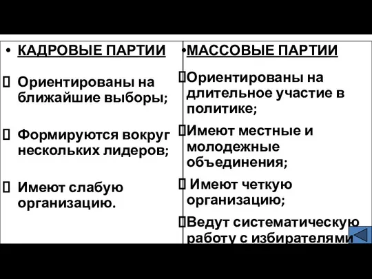 КАДРОВЫЕ ПАРТИИ Ориентированы на ближайшие выборы; Формируются вокруг нескольких лидеров; Имеют