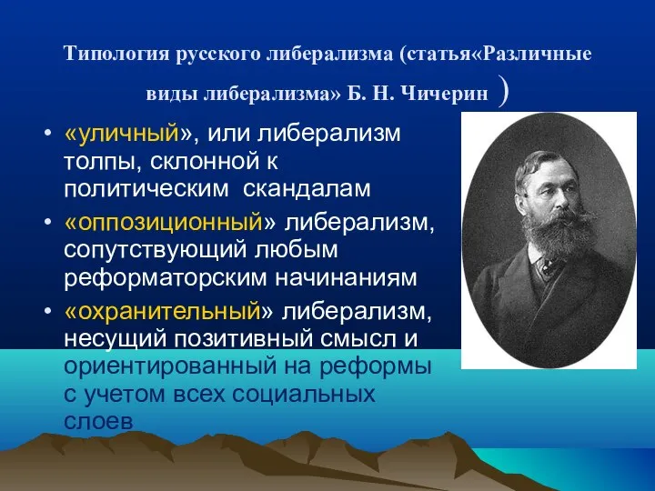 Типология русского либерализма (статья«Различные виды либерализма» Б. Н. Чичерин ) «уличный»,