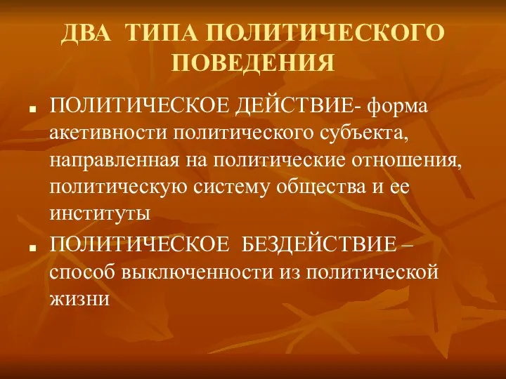 ДВА ТИПА ПОЛИТИЧЕСКОГО ПОВЕДЕНИЯ ПОЛИТИЧЕСКОЕ ДЕЙСТВИЕ- форма акетивности политического субъекта, направленная